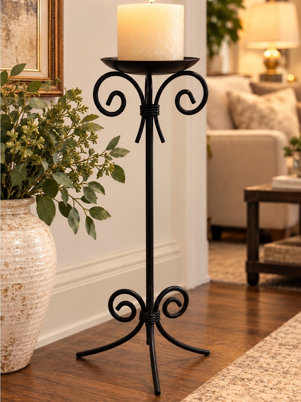 20” Black Wrought Iron Scrollwork Pillar Candle Holder